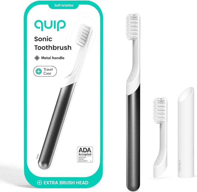 quip Sonic Toothbrush for Adults with Timer - Includes Extra Brush Head and Travel Cover Mount - Electric, Soft Bristle Refill Head, Metal Handle, 3 Month Battery Life - Travel Toothbrush - Slate - Image 1